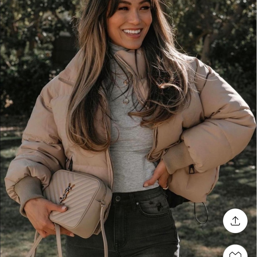 Womens puffer coat Khaki long sleeve zip puffer jacket baggy shirt down coat